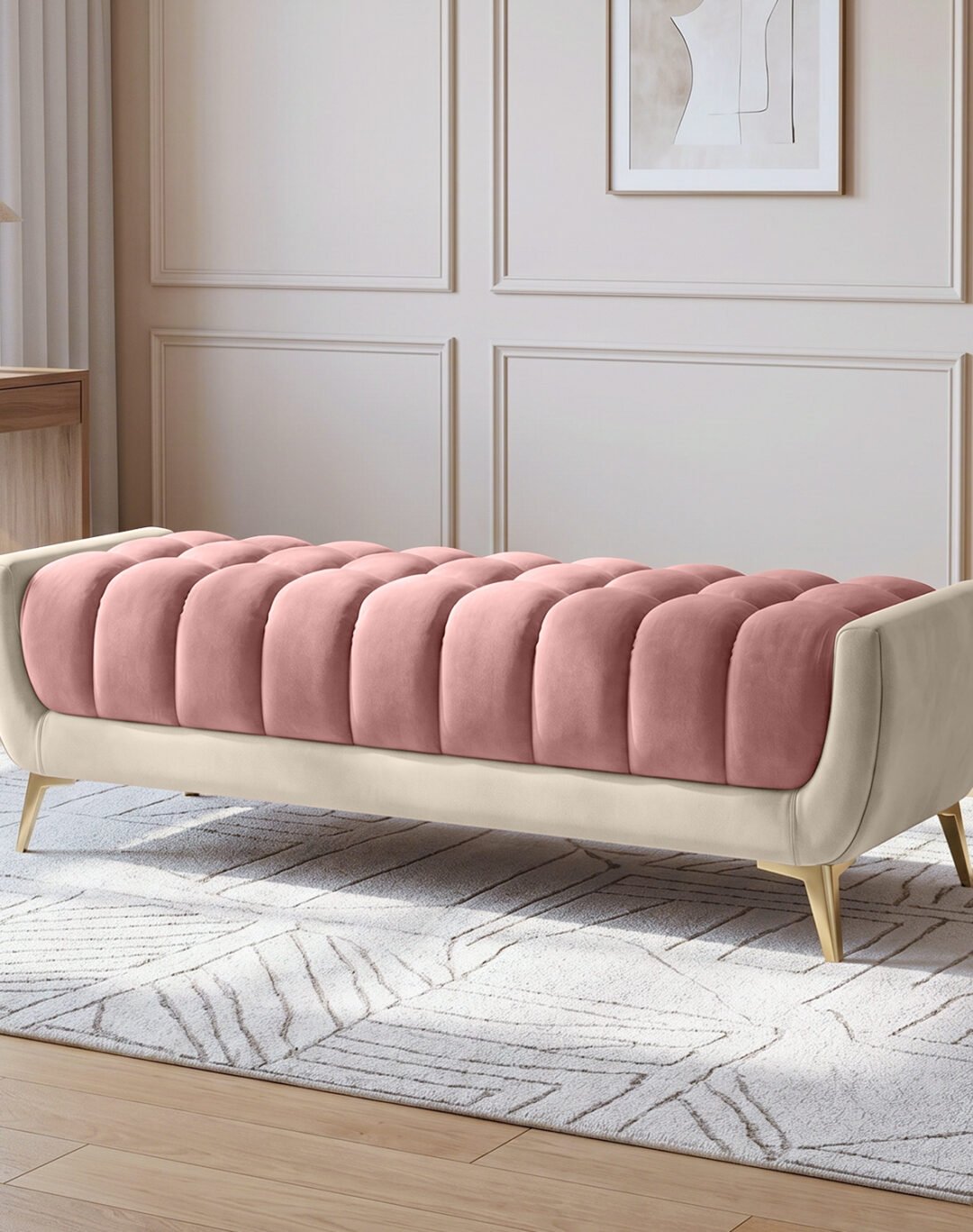 Home Lifestylez Wood 2 Seater Hushkin Upholstered Bench Sofa Settee Footrest Stool Ottoman - Peach & Cream